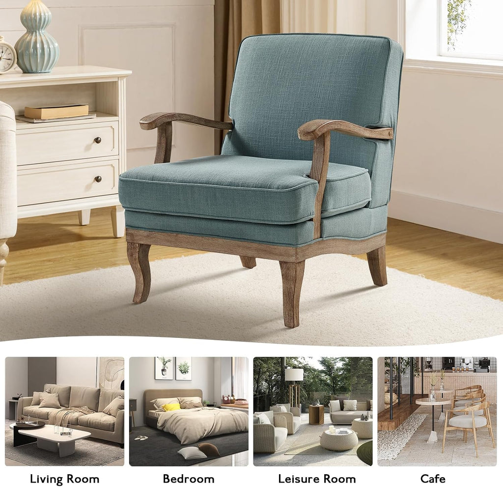 HULALA HOME Mid-Century Modern Accent Chair, Upholstered Lounge Arm Chair with Solid Wood Legs and Armrest, Removable Cushion Comfy Retro Reading Armchair for Living Room, Bedroom, Balcony, Blue