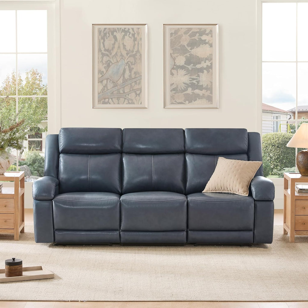Watson & Whitely Genuine Leather Power Recliner Sofa, 3 Seater Wall Hugger Reclining Sofas with Power Headrest, USB & TypeC Ports, Electric Recliner Couch Set for Living Room, Navy