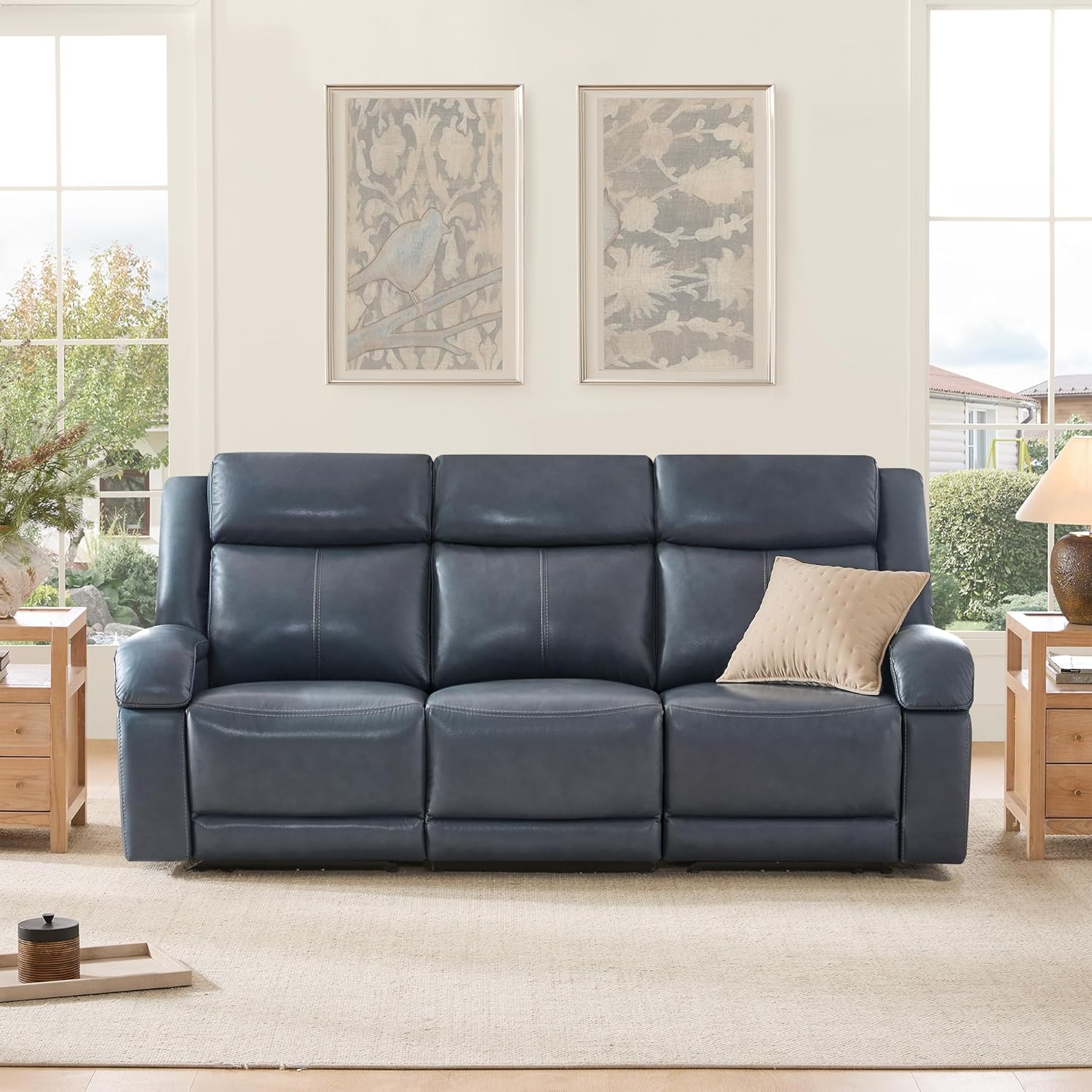 Watson & Whitely Genuine Leather Power Recliner Sofa, 3 Seater Wall Hugger Reclining Sofas with Power Headrest, USB & TypeC Ports, Electric Recliner Couch Set for Living Room, Navy
