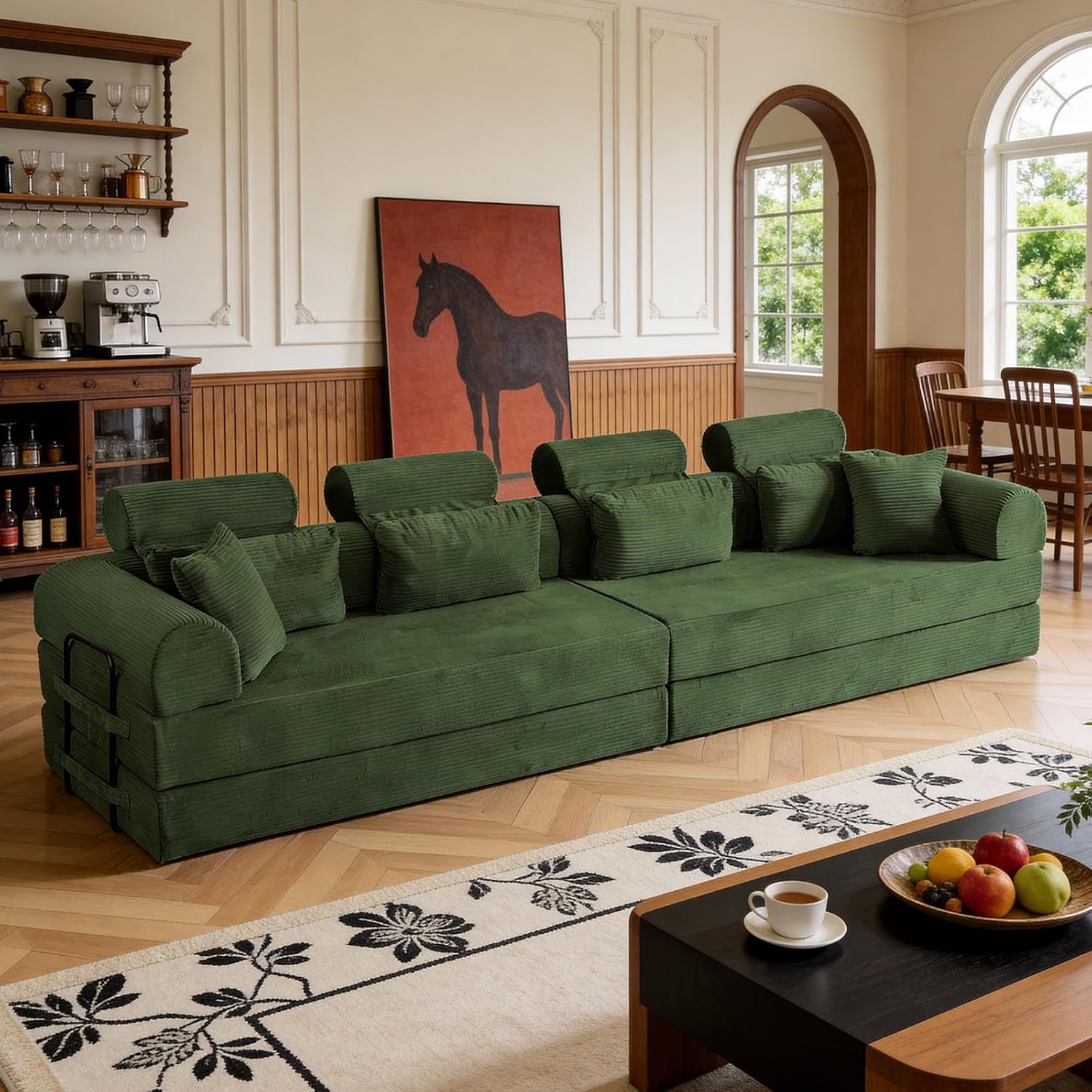 KEIKI 6-in-1 Folding Convertible High Back Sofa Sleeper, 106' Oversized Modular Sectional Corduroy Upholstered L Shape Couches for Living Room, Premium Foam for Contemporary Family Room, Green