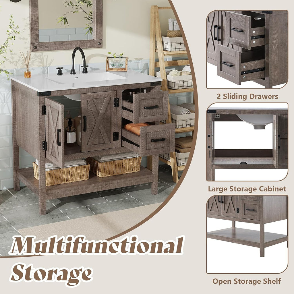AMERLIFE 36' Farmhouse Bathroom Vanity with Sink Combo, Wood Barn Door Freestanding Small Single Bath Storage Cabinet Set with Sliding Drawers & Open Shelf, Paper Towel Holder, Light Gray