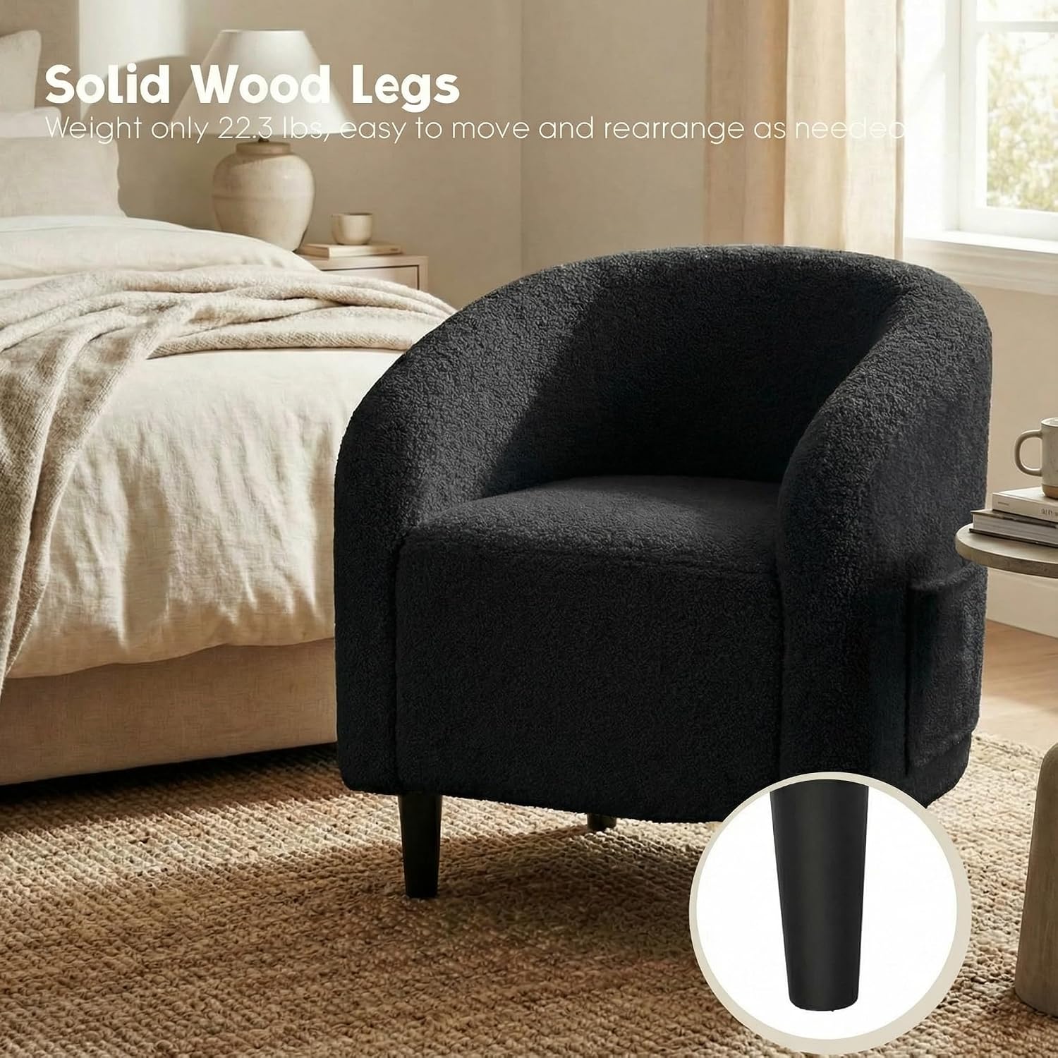 Modern Accent Barrel Chair, Comfy Teddy Fabric Club Armchair with Side Pocket, Easy Assembly Living Room Corner Chair for Bedroom, Office, Reception Space