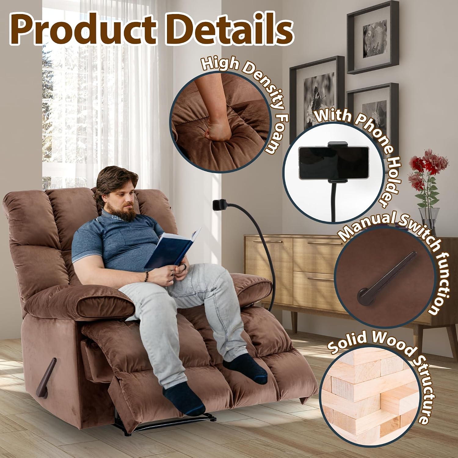 Manual Adjustable Oversized Recliner Chair with Phone Holder, Extra Large Recliner for Heavy Duty Adults 400lbs, Big Man Recliners for Living Room, Nursery, RV