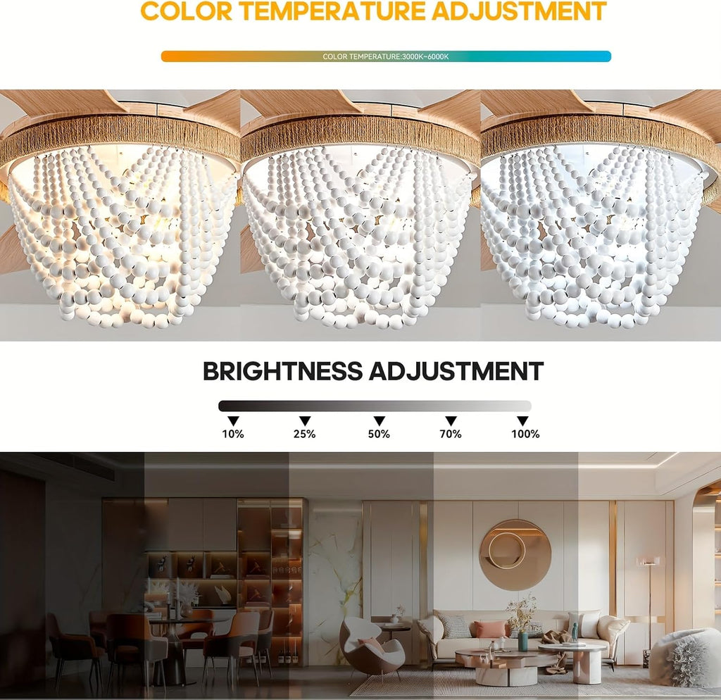 Boho Ceiling Fans with Lights and Remote, Wood Beaded 52 inch Ceiling Fan with Light,6 Speed Reversible Motor LED Flush Mount Ceiling Fans, Ceiling Fan Light for Bedroom Living Room (ABS Blades)