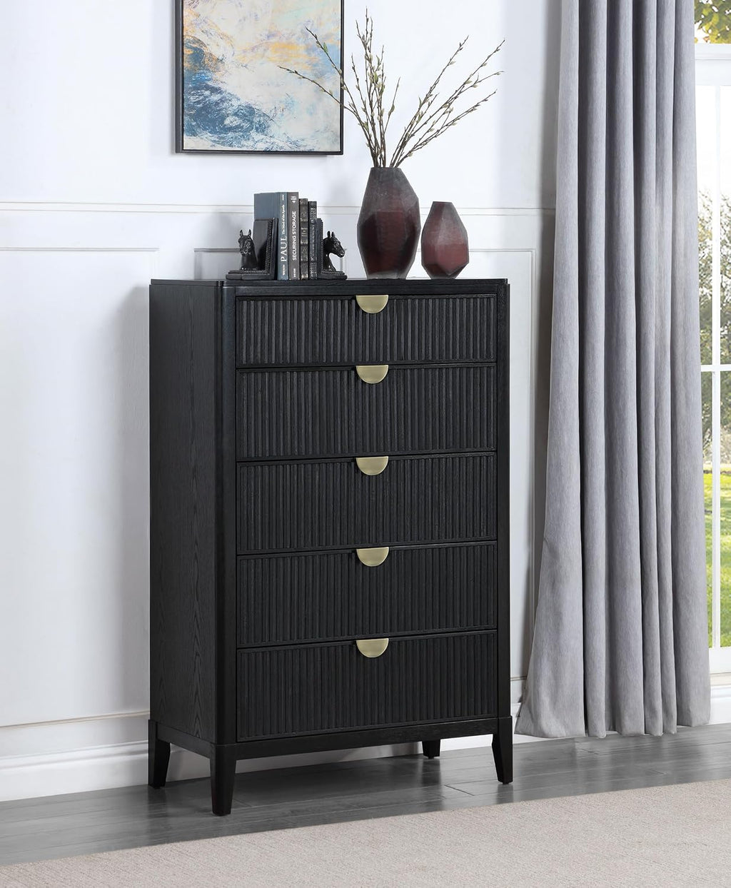 Coaster Home Furnishings - Brookmead - Wood - 5-Drawer Chest with Fluted Drawer Fronts, Half-Moon Handles, Felt Lining Top and Tapered Legs - Transitional - Bedroom - Black - 224715