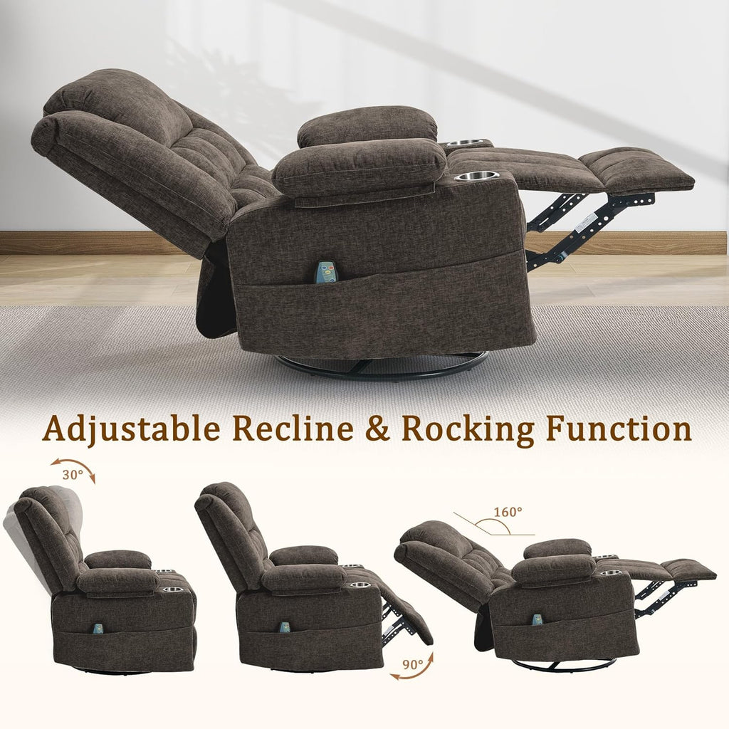 Korser Swivel Rocker Recliner, Nursery Glider Recliners for Adults with Massage & Heat, Rocking Chair with Cup Holder, Manual Recliner Chairs for Living Room, Bedroom (Brown)
