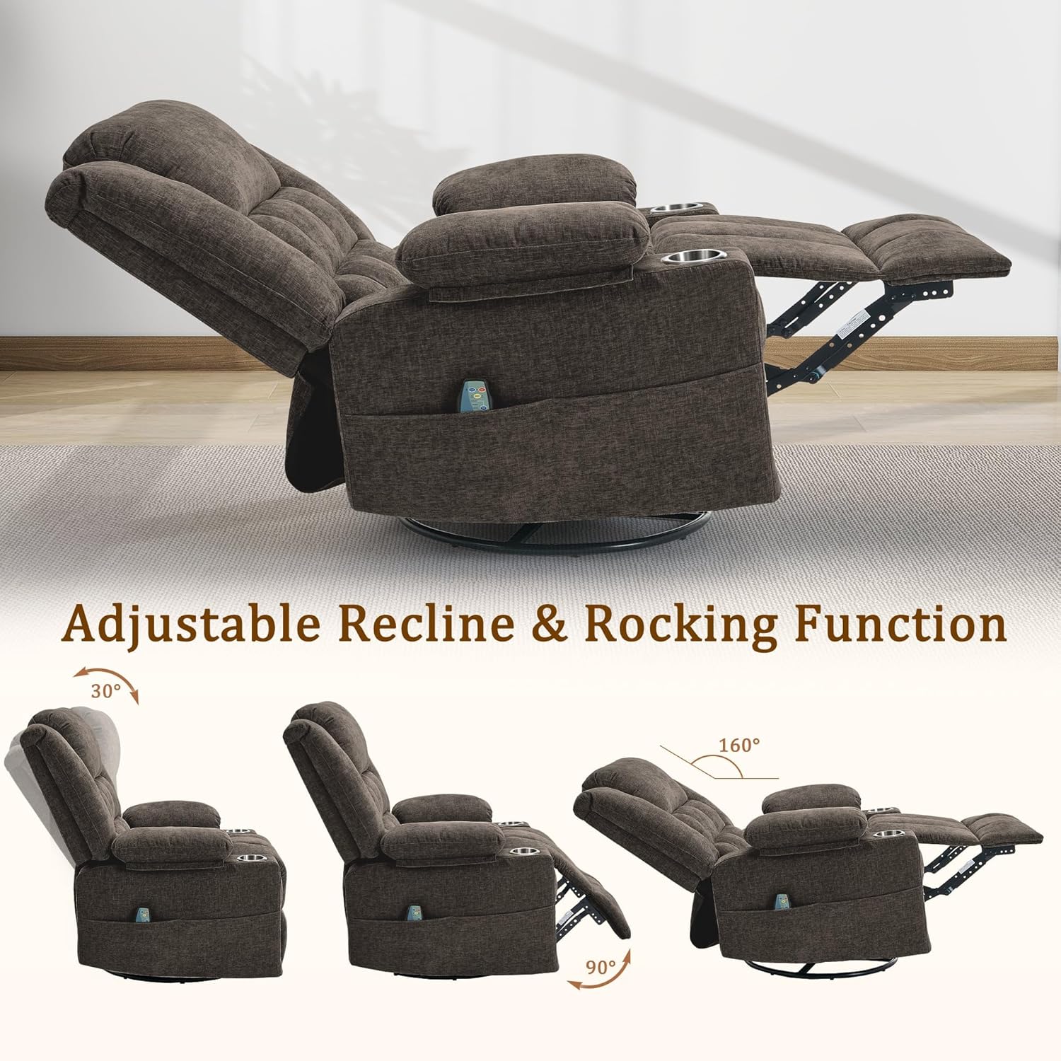 Korser Swivel Rocker Recliner, Nursery Glider Recliners for Adults with Massage & Heat, Rocking Chair with Cup Holder, Manual Recliner Chairs for Living Room, Bedroom (Brown)