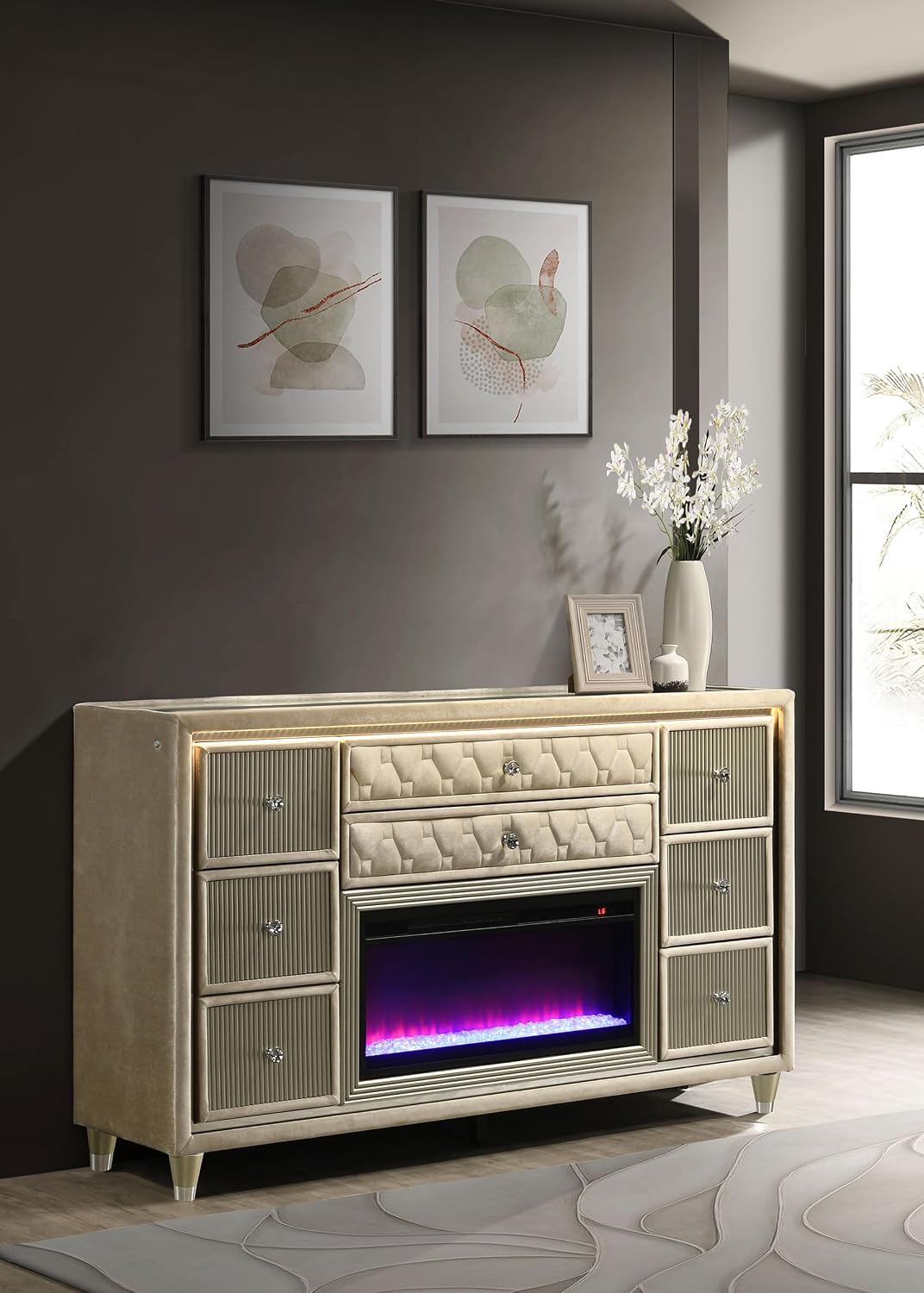 Coaster Home Furnishings - Lorient - Wood and Velvet - 8-Drawer Dresser with Flame Box, LED Lighting, Crystal Knobs and Traditional Style - Bedroom - Ivory and Camel - 222663FB