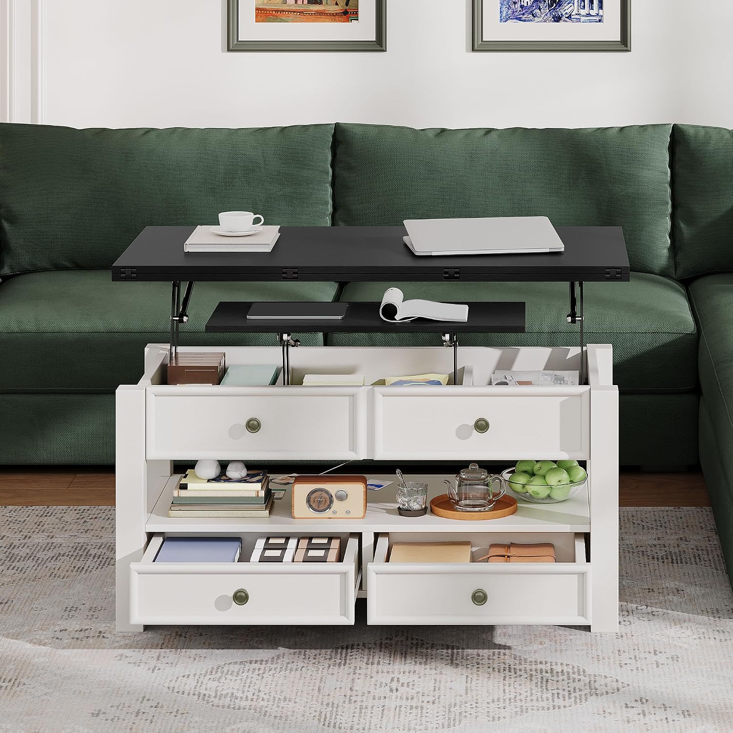 DWVO Lift Top Coffee Table, Multi-Functional Convertible Coffee Table with Drawers and Hidden Storage, Dining Table for Living Room, Home Office