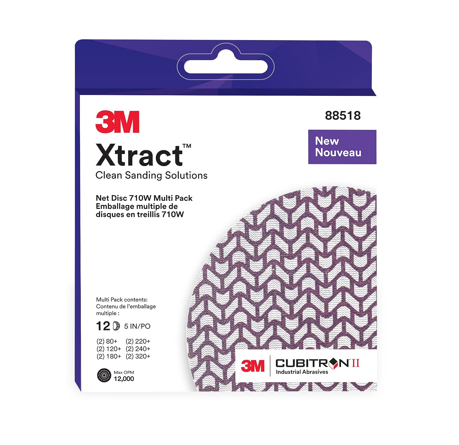 3M XtractNet Disc 710W, 5 in, 12 Piece Multi-Pack Hook and Loop Sanding Discs, 80+, 120+, 180+, 220+, 240+, 320+, Virtually Dust-Free, Assorted Grades, 88518, Case of 20,Purple