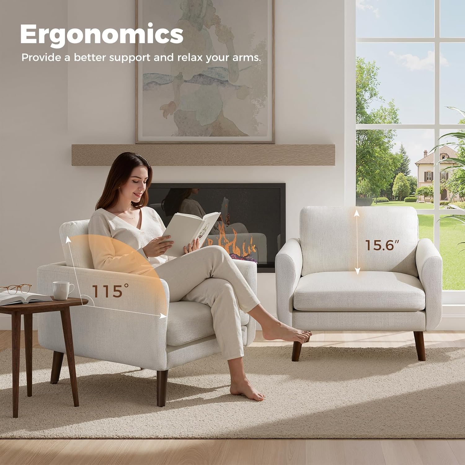 Oversized Accent Chair for Living Room, 37' Mid-Century Modern Comfy Reading Chair, Linen Fabric Solid Wood Frame Armchair, Upholstered Beige Bedroom Accent Chairs Set of 2 for Adults