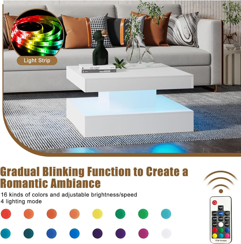 HedoAjim White LED Coffee Table for Living Room, Living Room Table 2-Tier Square Middle Center Table, Modern Coffee Tables with Storage, Wood Tea Tables for Dining Reception, Skin Feeling