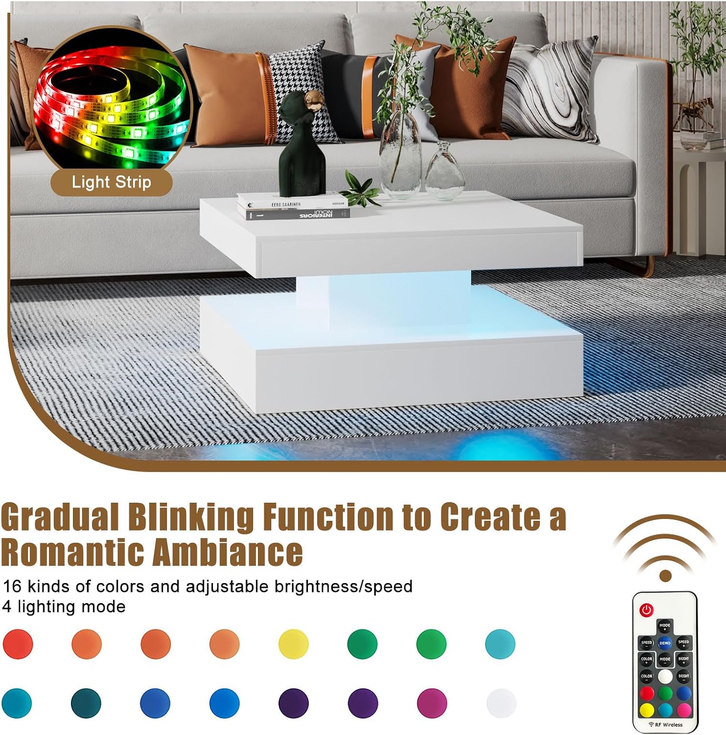 HedoAjim White LED Coffee Table for Living Room, Living Room Table 2-Tier Square Middle Center Table, Modern Coffee Tables with Storage, Wood Tea Tables for Dining Reception, Skin Feeling