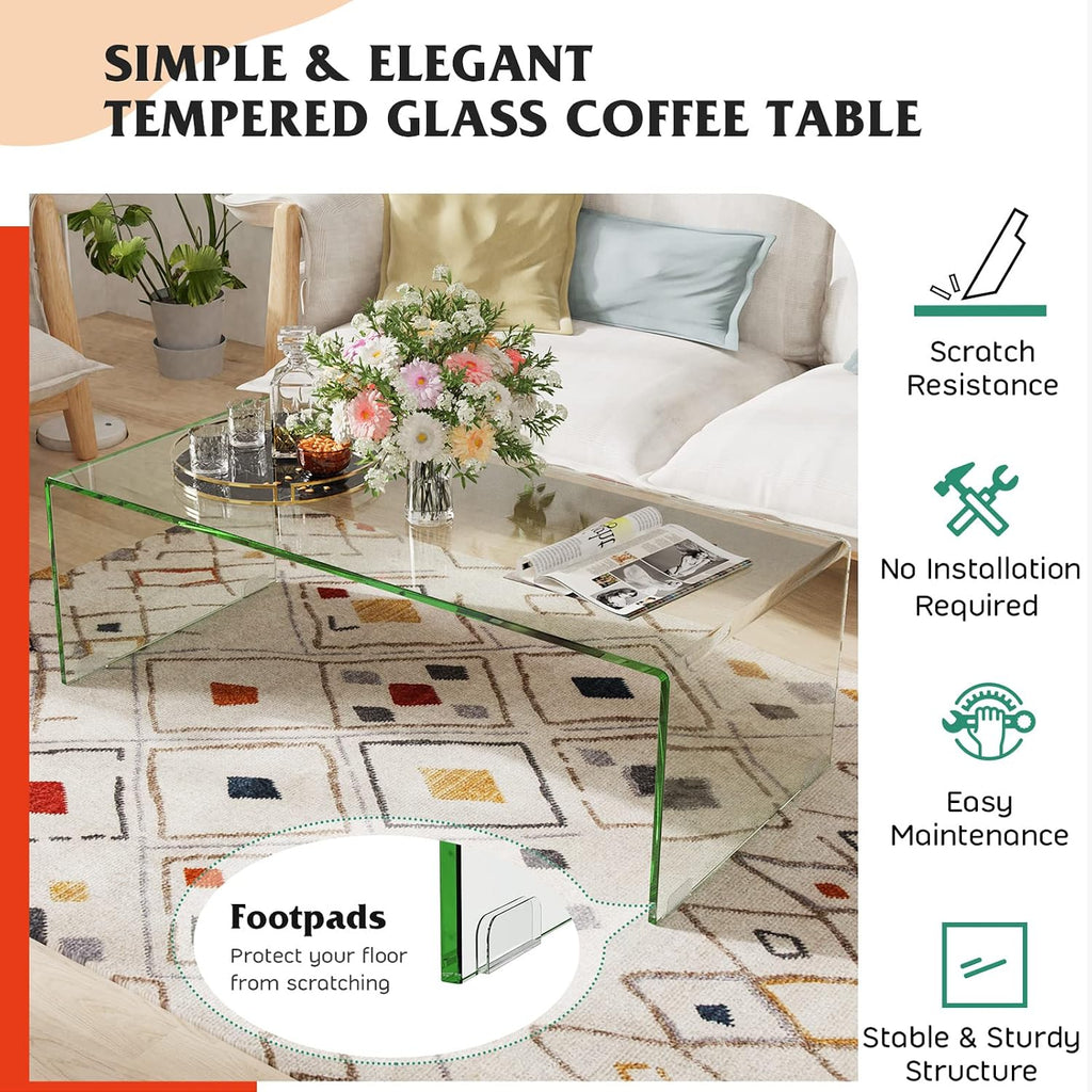 ReunionG Glass Coffee Table, Modern Clear Coffee Table with Rounded Edges, Transparent Tempered Glass Coffee Table, U-Shaped Side Table for Living Room Office, 42.5' x 20' x 14' (L x W x H)