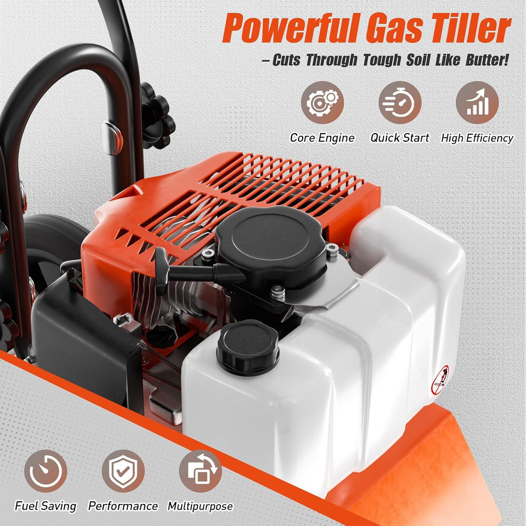 62cc Gas Tiller Cultivator, 10-Inch 2-Cycle Gas Powered Garden Tiller for Heavy Duty Soil, Self-Propelled Lawn Tiller with 4 Steel Tines & Adjustable Handle, Easy Pull Start for Clay/Dirt