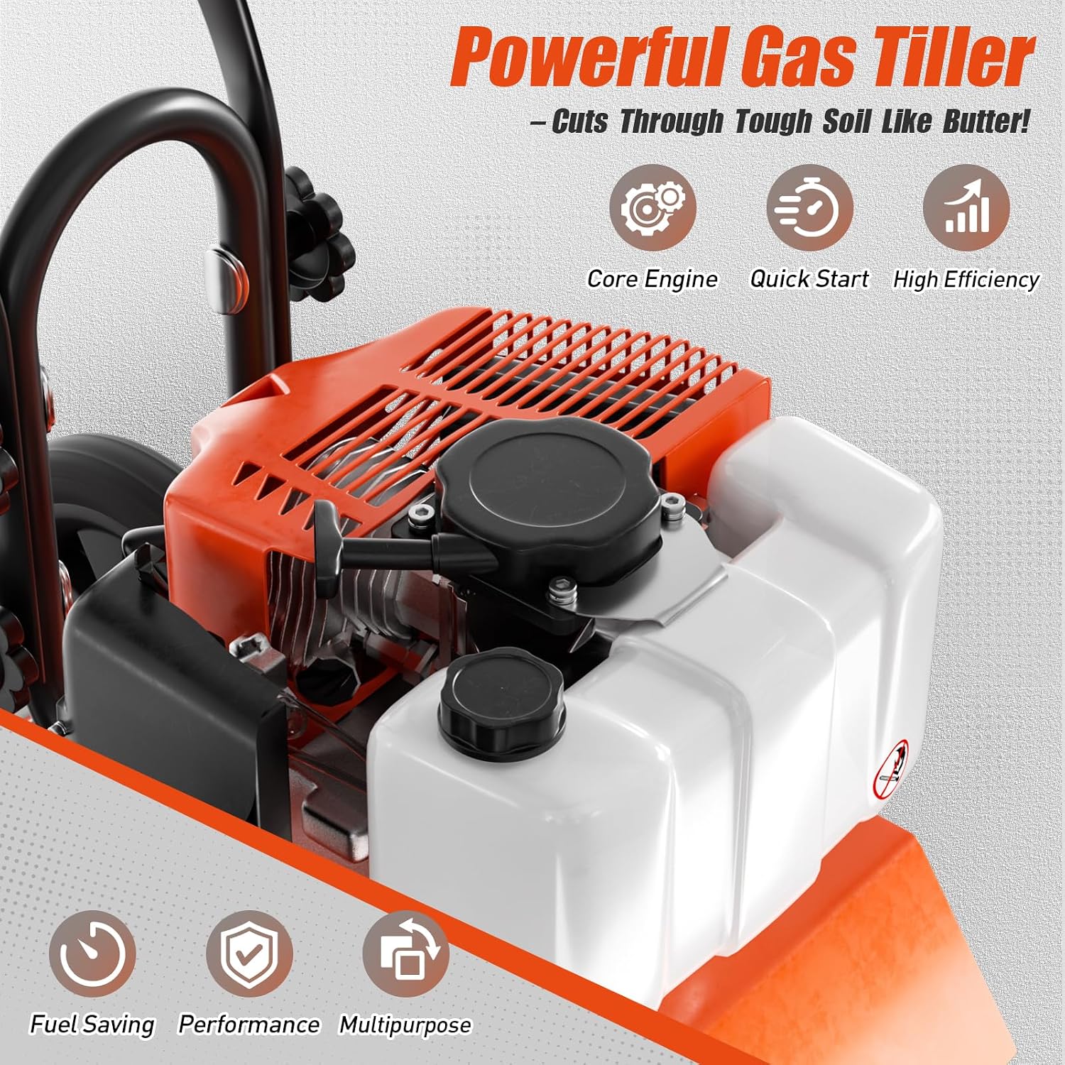 62cc Gas Tiller Cultivator, 10-Inch 2-Cycle Gas Powered Garden Tiller for Heavy Duty Soil, Self-Propelled Lawn Tiller with 4 Steel Tines & Adjustable Handle, Easy Pull Start for Clay/Dirt