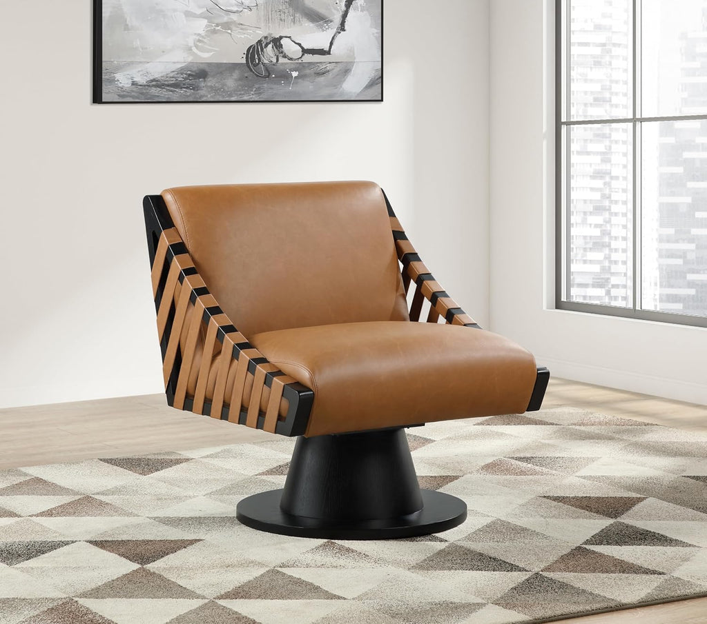 Meridian Furniture 33002Cognac Millwin Collection Art Deco Swivel Accent Chair with Rich Cognac Vegan Leather, Black Finish, Solid Wood Frame and Base, 28' W x 30' D x 32.5' H, Cognac