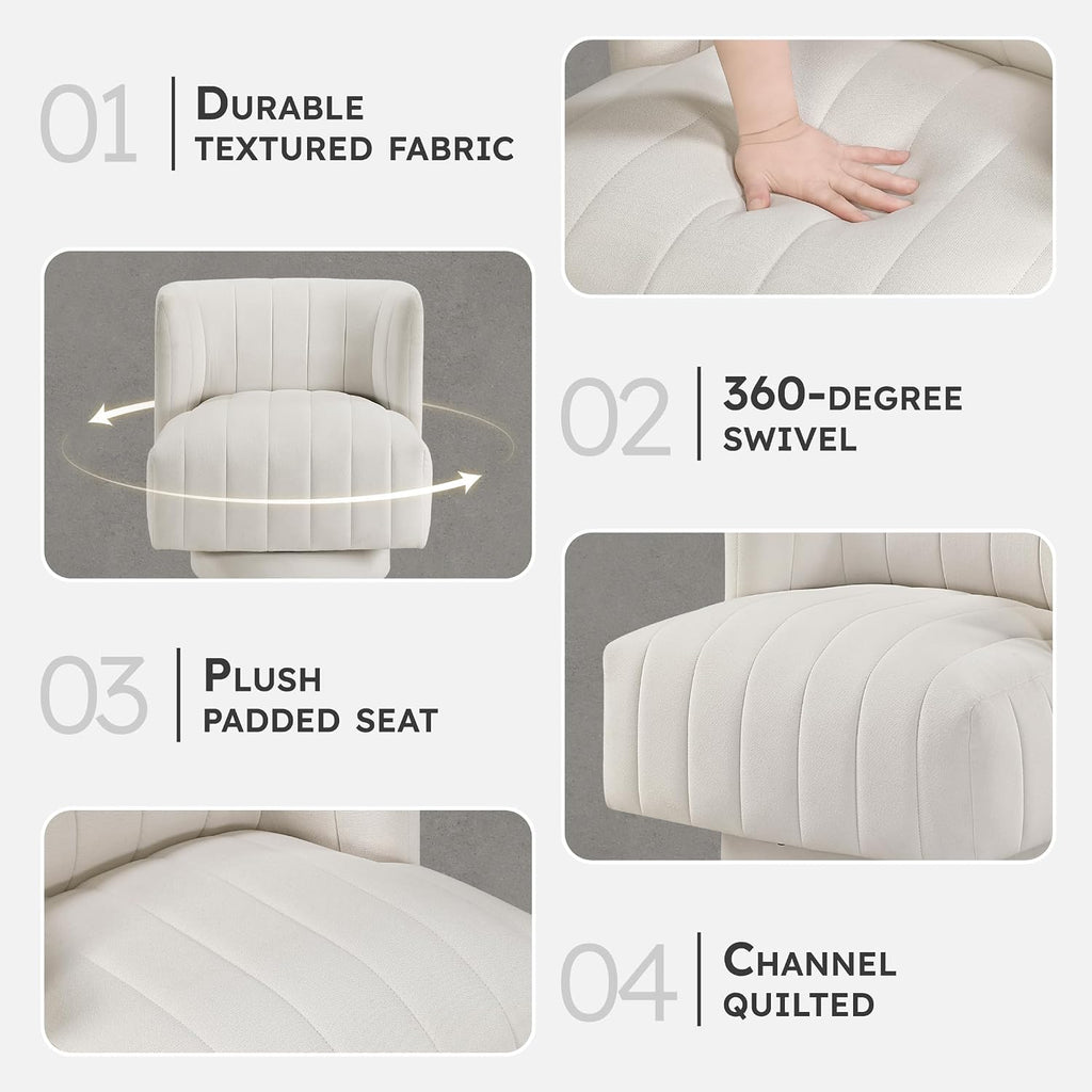 Lexicon Swivel Accent Chair, Textured Fabric Upholstered 360 Degree Swivel Barrel Chair with Channel Tufted, Comfort Seat, for Living Room, Bedroom, Office, Easy Assembly, Beige
