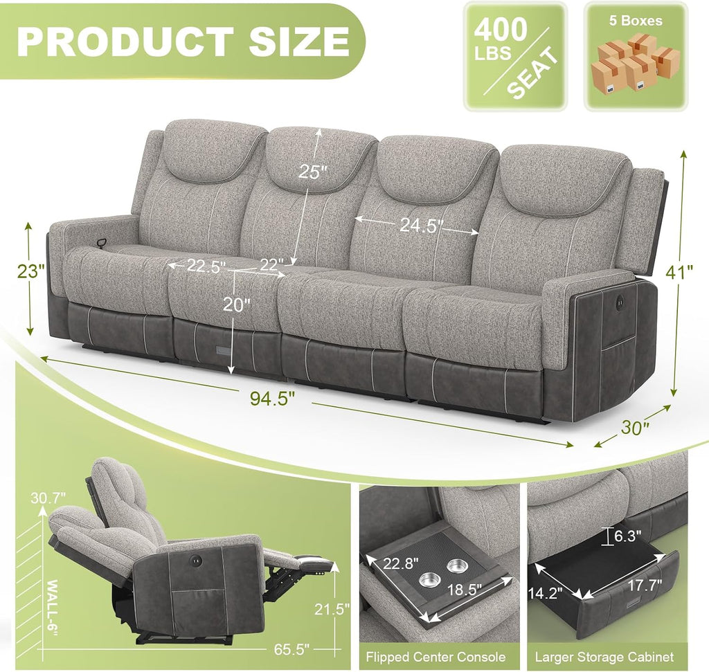 Dresegmt 4 Seat Manual Reclining Sofa, Flip Middle Backrest 2-in-1 Recliner Couch with Large Storage Drawer, USB Ports & Cup Holders, Grey Linen & Leather 4 Seater Recliner Sofa for Living Room