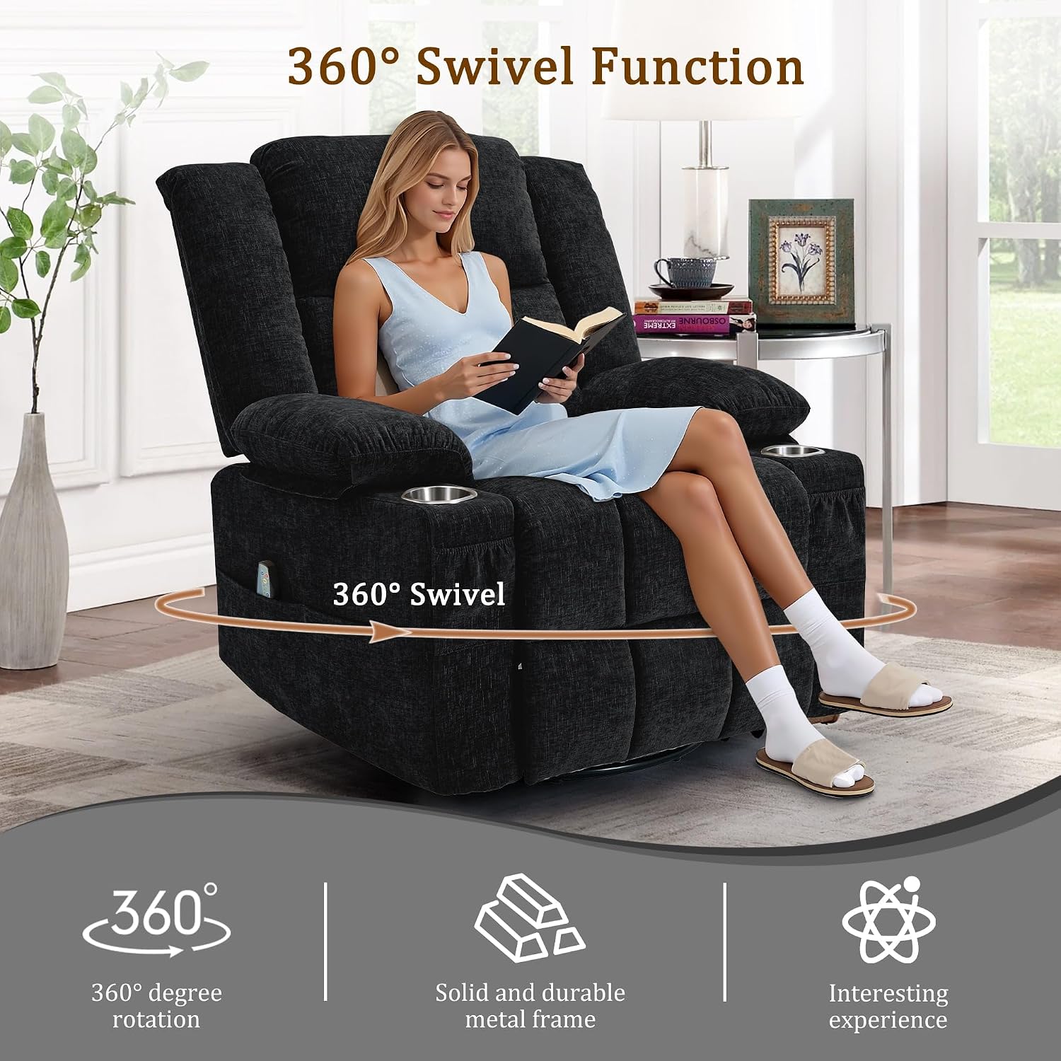 Korser 360° Swivel Rocker Recliner for Adult, Nursery Glider Recliners with Massage & Heating, Rocking Chair with Cup Holder, Manual Recliner Chair for Living Room, Bedroom (Black)