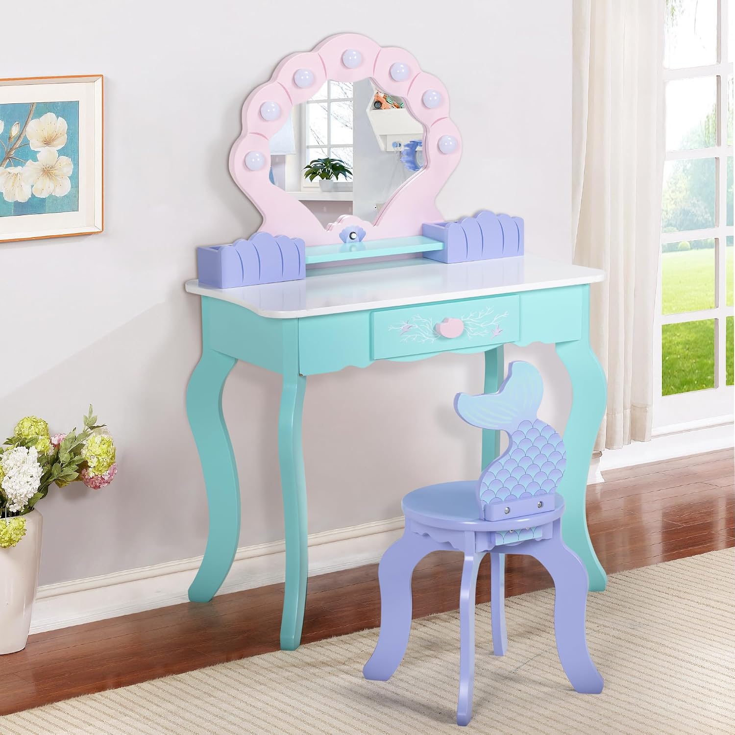 Vanity Set with Lights & Mirror, 2 in 1 Wooden Princess Dressing Table with Stool, Ocean Theme Makeup Table and Chair Set, Little Girls Pretend Play Set, Kids Vanity for Birthday