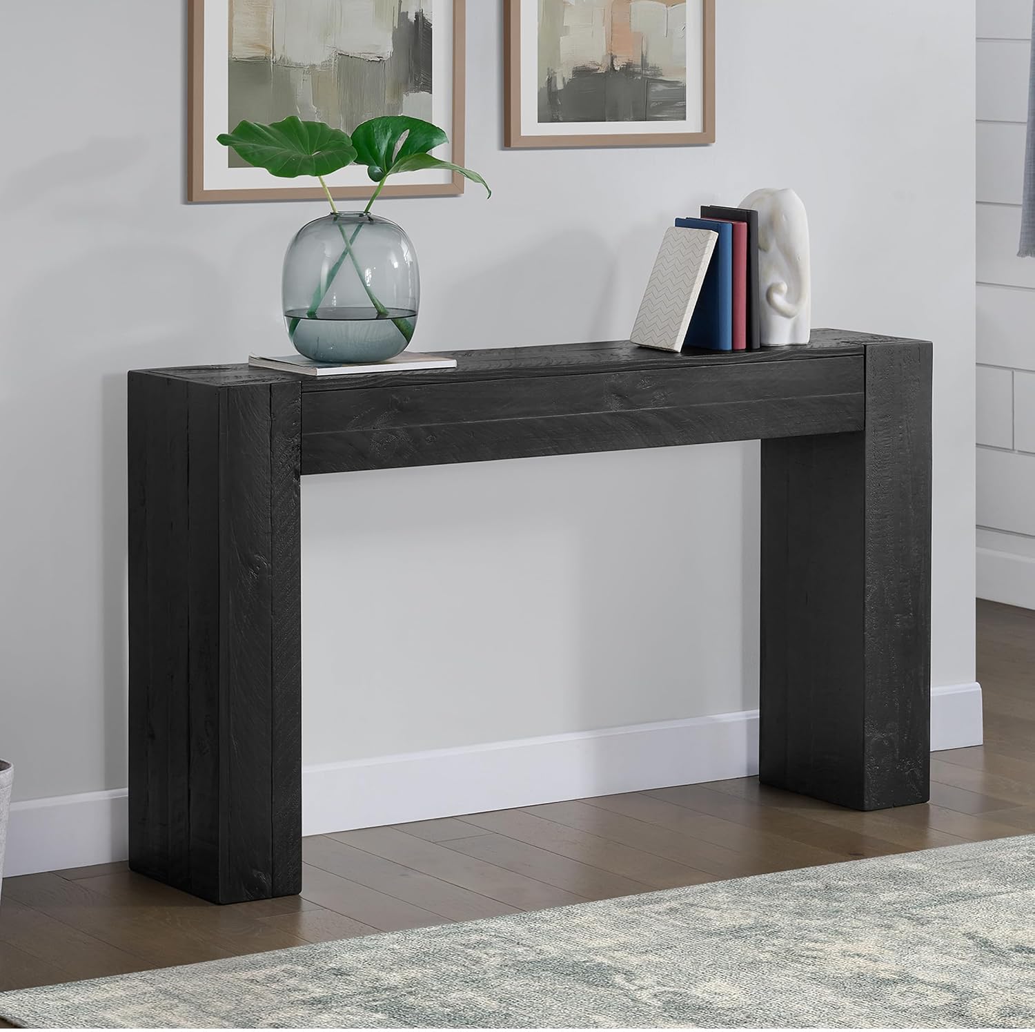 Alaterre Furniture Stockyard Solid Wood Console Table - 56 Inch Modern Farmhouse Entryway Table - Easy Assembly Living Room Furniture for Behind the Couch, Entryway, or Hallway (Black)