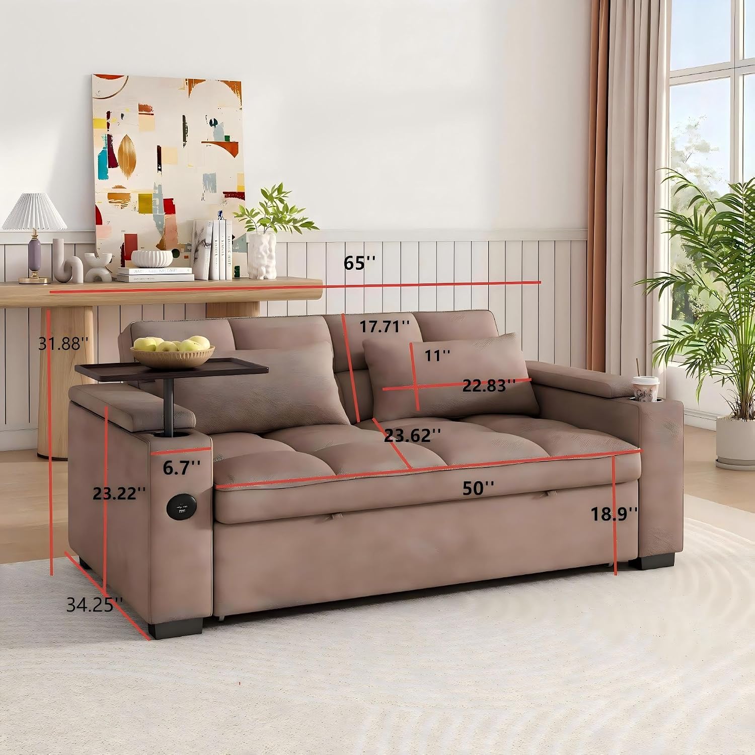KEIKI 65' 3-in-1 Pull-Out Sofa Bed, Compact Convertible Sleeper Couch with Rotating Side Table, USB Charging Ports, Storage Armrests & Adjustable Comfort for Guests & Small Living Rooms