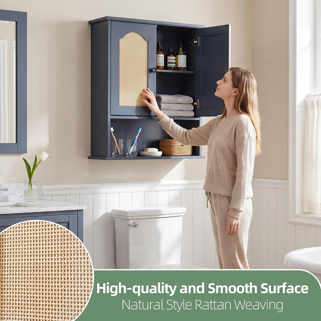 Premium Over The Toilet Storage Cabinet, Boho & Farmhouse Rattan Bathroom Organizer, Adjustable Bottom Bar for Water Valve Clearance, Navy Blue P2 MDF, 24'x30'