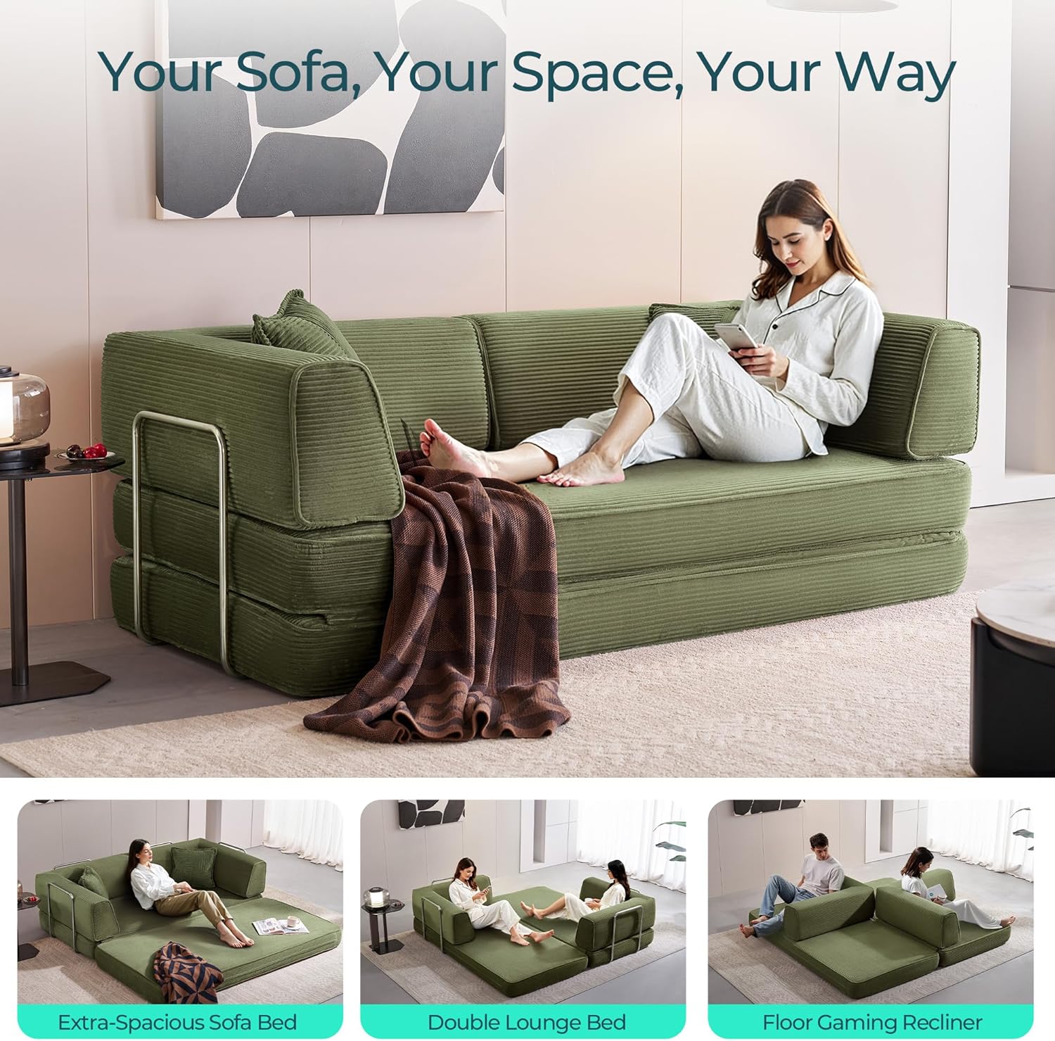 LINSY HOME Sofa Bed Couch - Convertible Boneless Couch Bed with 2 Pillow (Green) | Folding Sofa Bed