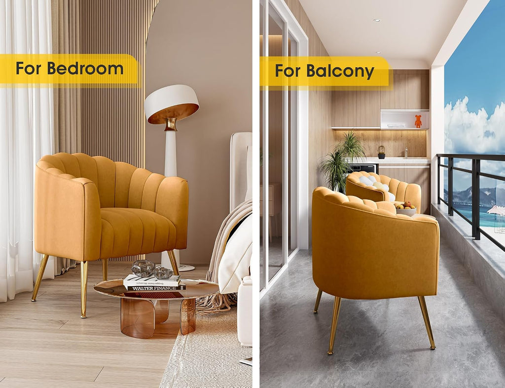 Dewhut Oversized Pumpkin Couch Accent Chair, Modern Comfy Velvet Upholstered Barrel Chairs, Luxury Single Sofa Armchair for Living Room, Waiting Room, Office and Vanity, (Mustard)