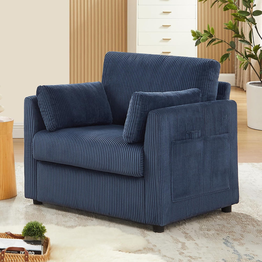 Modern Corduroy Accent Chairs, 38' W Reading Armchair with Comfy Pillows and Side Pockets, Single Reading Chairs for Living Room, Bedroom, Apartment, Navy Blue