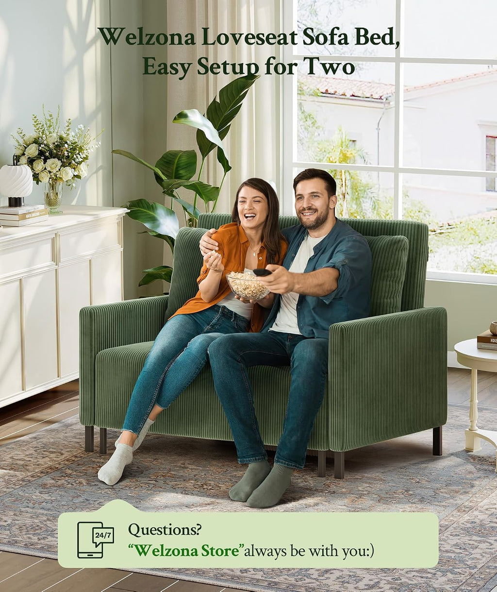 Welzona 47.2' Convertible Sofa Bed Couch, Comfy Corduroy Loveseat Sleeper Sofa, 620lbs Capacity Couch Bed, Easy Setup Love Seat Sleeper Bed with 2 Pillow, Small Couches for Living Room/Office, Green