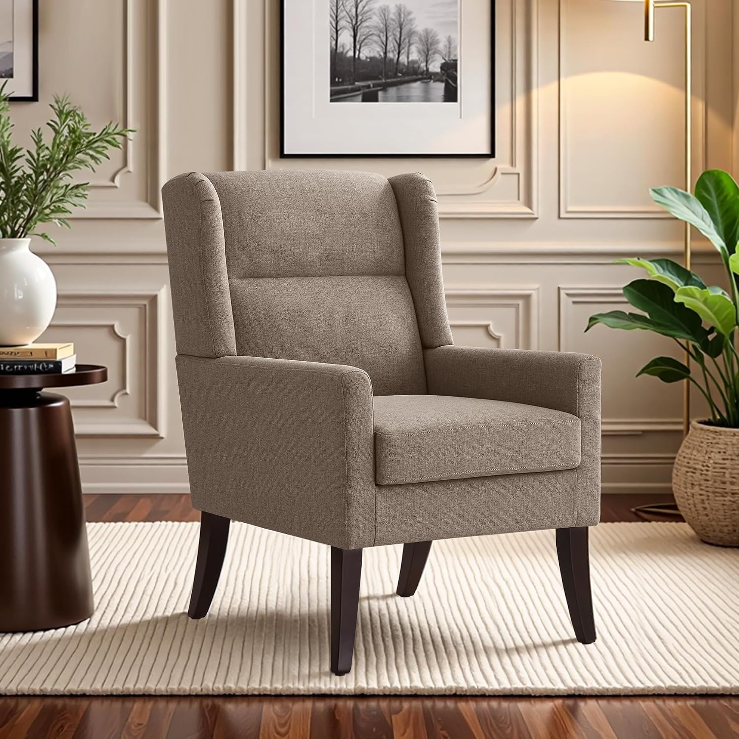 Zihanhome High Back Accent Chair, Fabric Living Room Chairs, Comfy Upholstered Armchair with Wooden Legs for Living Room, Bedroom, Apartment (1, Brown)