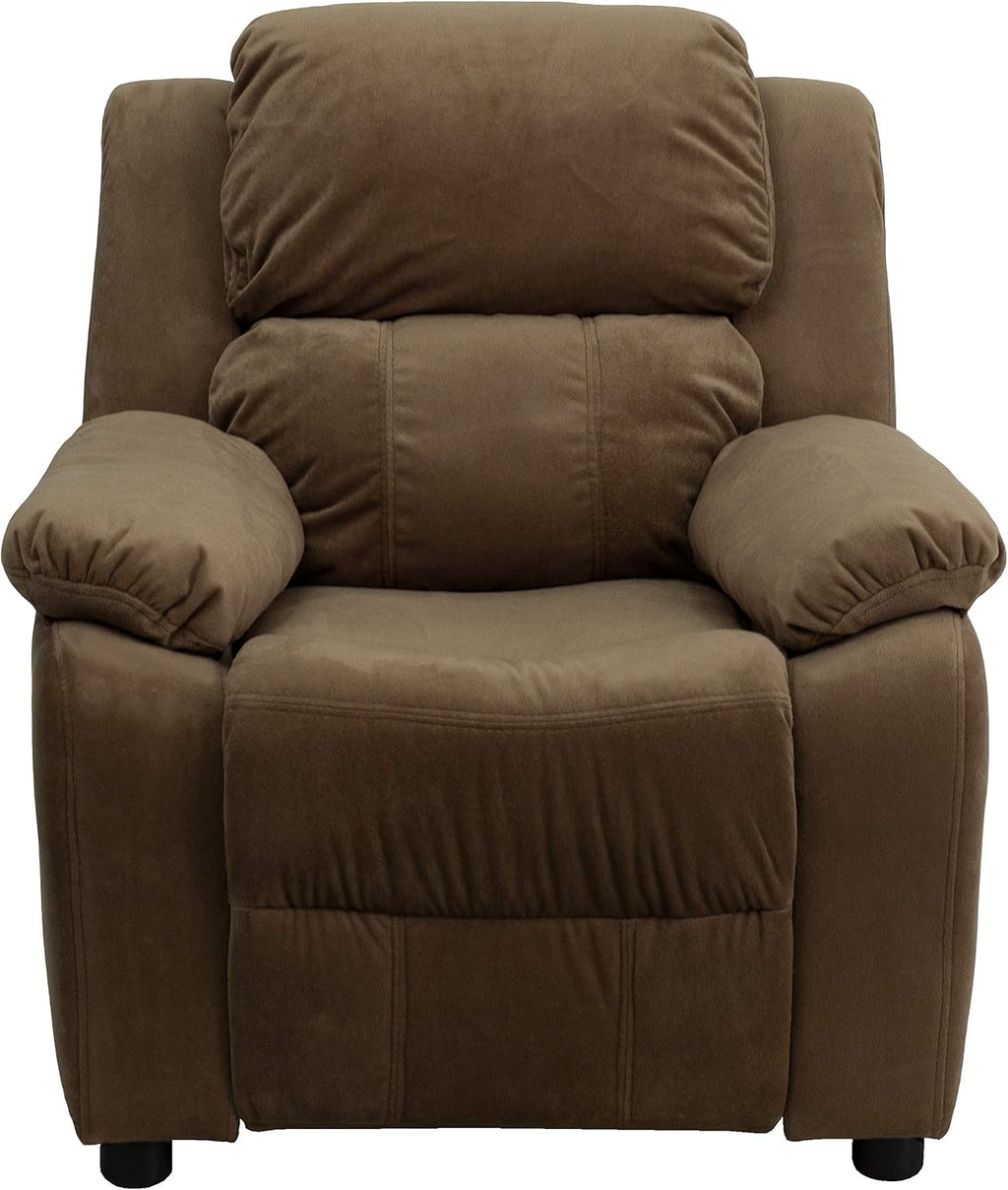 Flash Furniture Charlie Microfiber Kids Recliner with Flip-Up Storage Arms and Safety Recline, Contemporary Reclining Chair for Kids, Supports up to 90 lbs., Brown