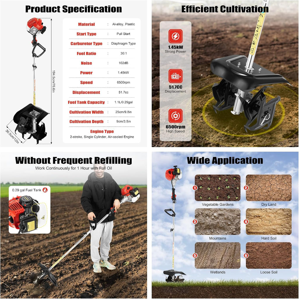 Mini Tiller Cultivator, 51.7cc 2-Stroke 1.45KW Engine, 9 in Tilling Width 3.5 in Depth Portable Gas Powered Lawn Tiller, Long Shaft Cordless Handheld Garden Cultivator for Weeding, Soil Breaking