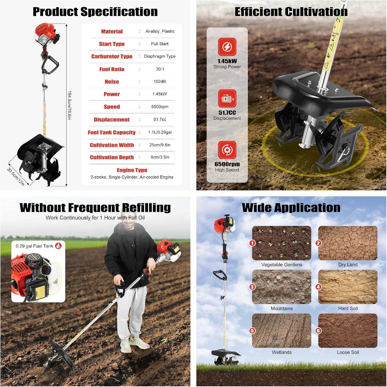 Mini Tiller Cultivator, 51.7cc 2-Stroke 1.45KW Engine, 9 in Tilling Width 3.5 in Depth Portable Gas Powered Lawn Tiller, Long Shaft Cordless Handheld Garden Cultivator for Weeding, Soil Breaking