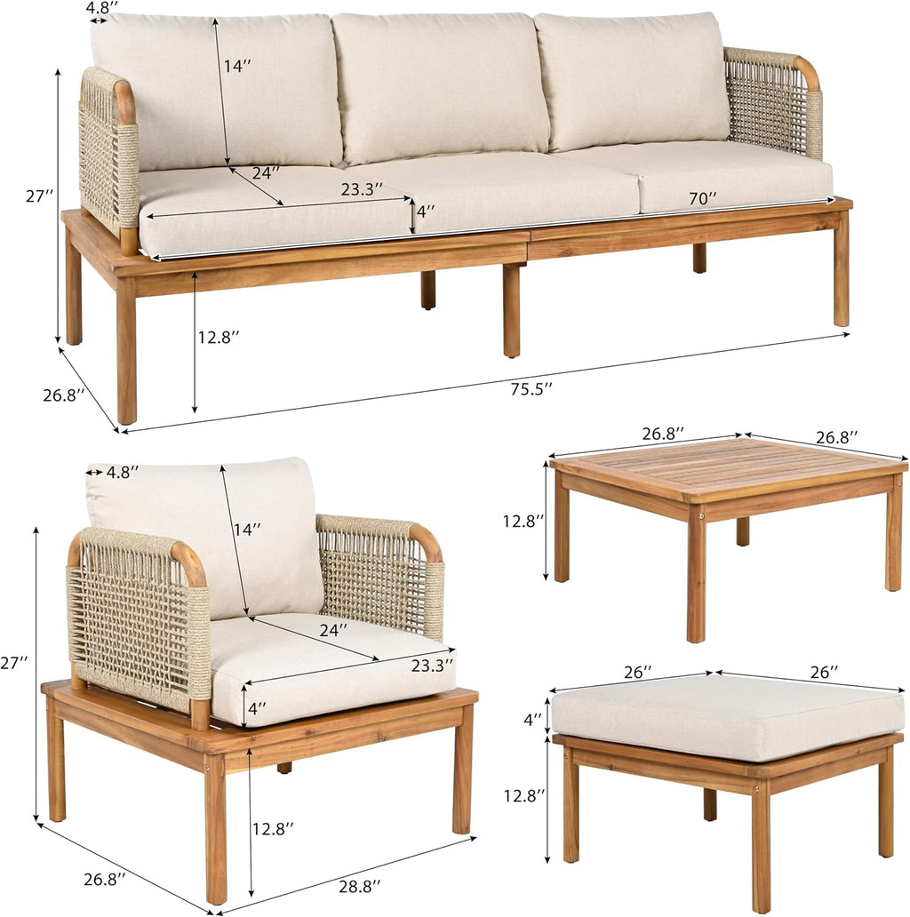 Christopher Knight Home Coby 4-Piece Acacia Wood Patio Furniture Set, Outdoor Conversation Sofa Set with Club Chair, Coffee Table and Ottoman, Patio Sectional Chat Set for Backyard/Balcony, Teak+Beige