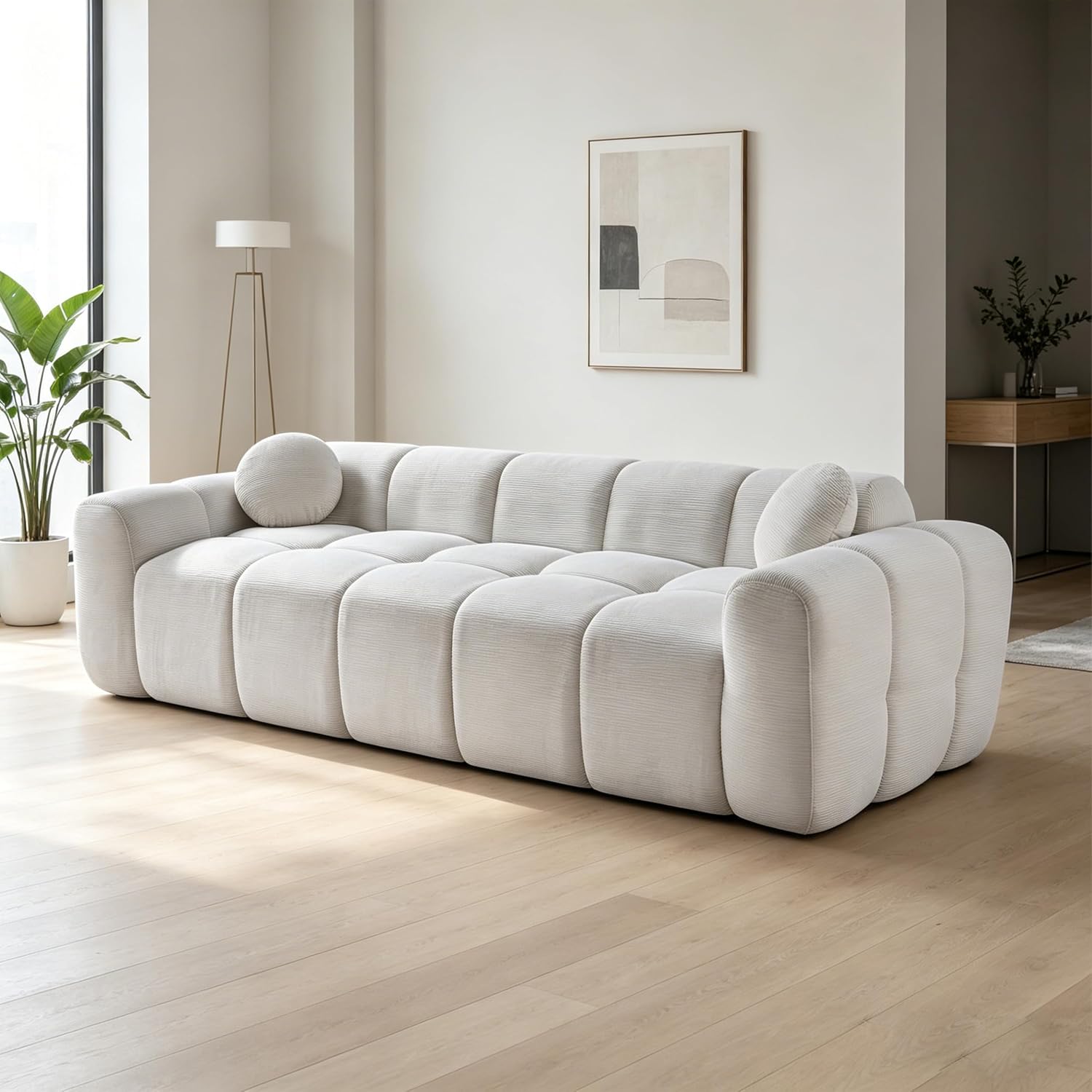 98.4-Inch Oversized Boneless Cloud Couches Deep Seat Foam Sofa Couch with 2 Round Toss Pillows, Luxury Corduroy Upholstered 3 Seat Tufted Loveseat, Cloud Sofa in a Box