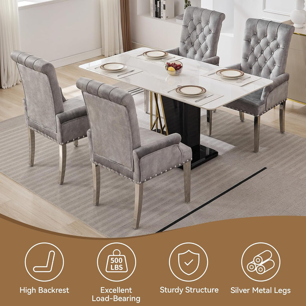 WUTUTUEE Velvet Dining Chair with Arms, Upholstered Tufted High Back Dining Room Chairs, Accent Armchair with Chrome Leg and Nailhead Trim, Kitchen Dining Living Room, Grey