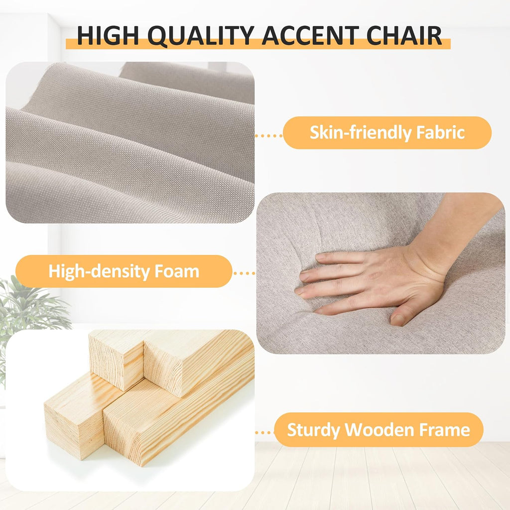 PrimeZone Comfy Accent Chair, Mid-Century Modern Fabric Living Room Chair Reading Chair with Soft Cushion, Nailhead Trim & Rolled Armrest, Arm Chair Sofa Chairs for Bedroom Waiting Room Office, Beige