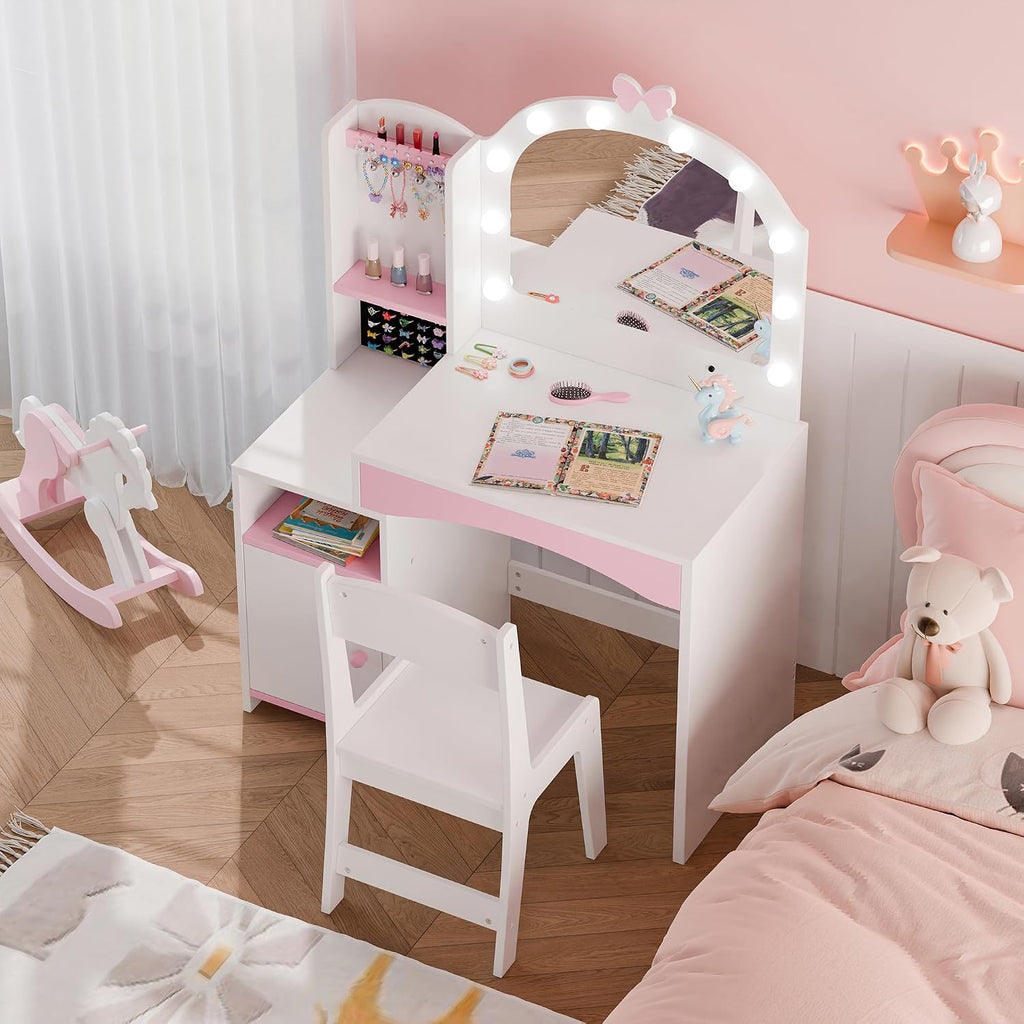 MU Kids Vanity, Girl Vanity Set with Mirror and Chair, 2 in 1 Toddler Makeup Vanity Table with Jewelry Storage, Wooden Princess Makeup Desk Dressing Table for Little Girls, White
