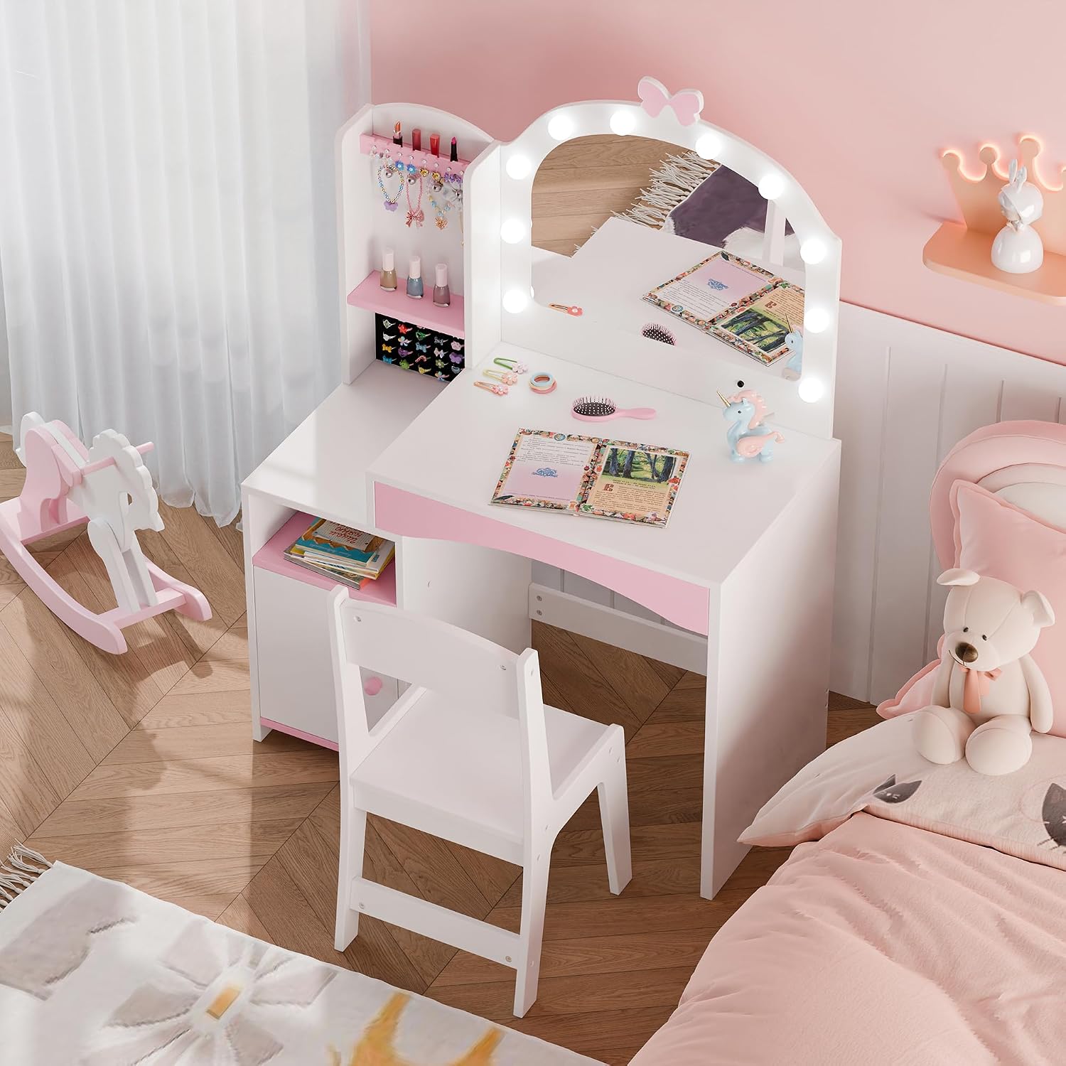 MU Kids Vanity, Girl Vanity Set with Mirror and Chair, 2 in 1 Toddler Makeup Vanity Table with Jewelry Storage, Wooden Princess Makeup Desk Dressing Table for Little Girls, White