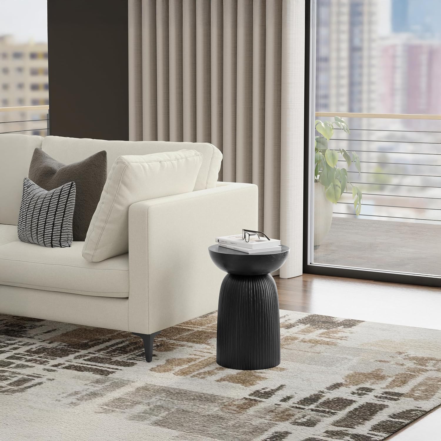 SIMPLIHOME Boyd End Table - 13 inch Wide Solid Mango Wood Round Accent Table with Line Texture in Black, Contemporary Small Nightstand or Lamp Stand for Living Room, Bedroom, or Office, Assembled