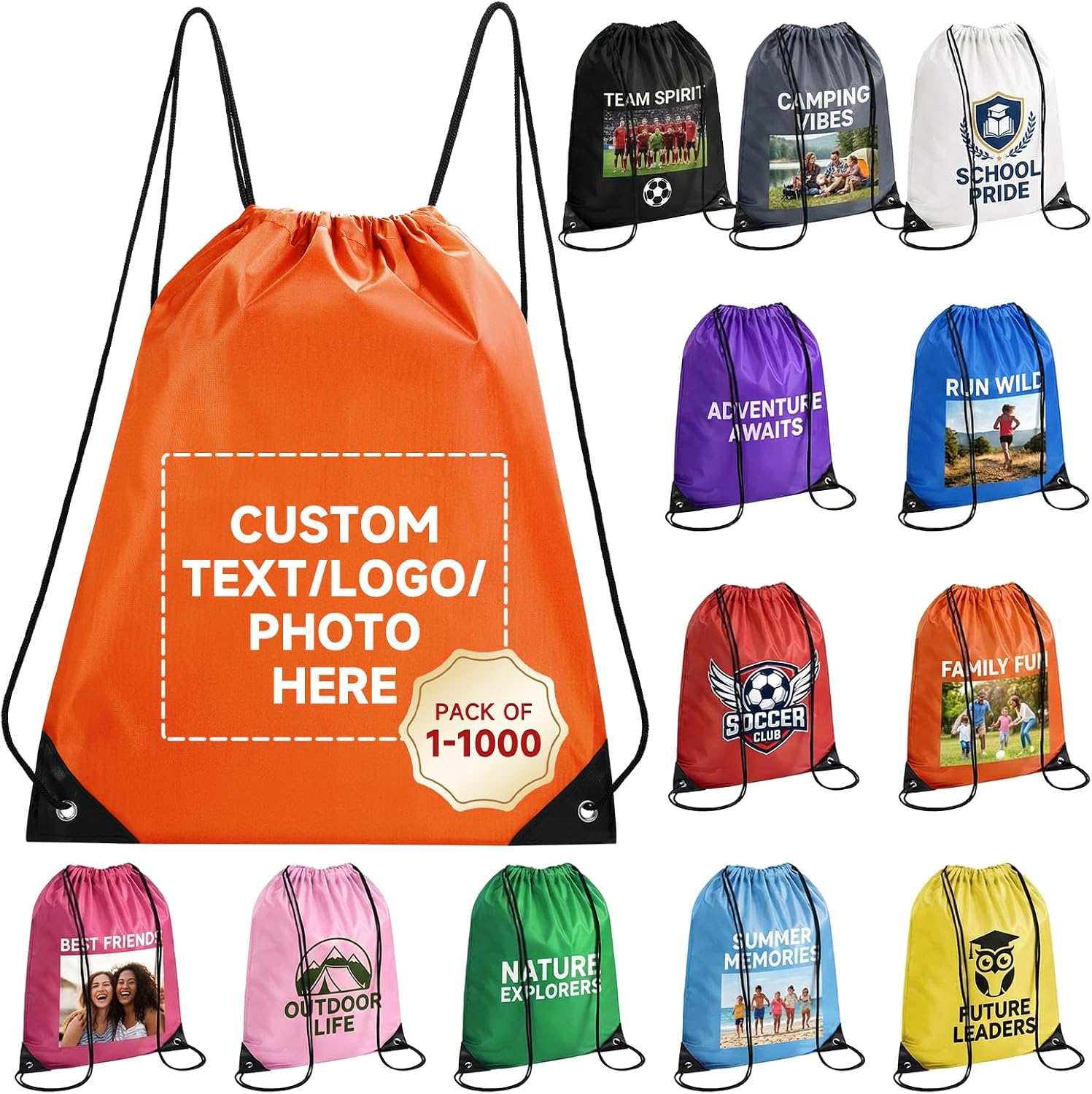 Custom Drawstring Backpack with Logo, 100 Pack Personalized Draw String Back Bag Drawstring Bags Bulk for Sports, Gym, Travel, Swimming, Beach