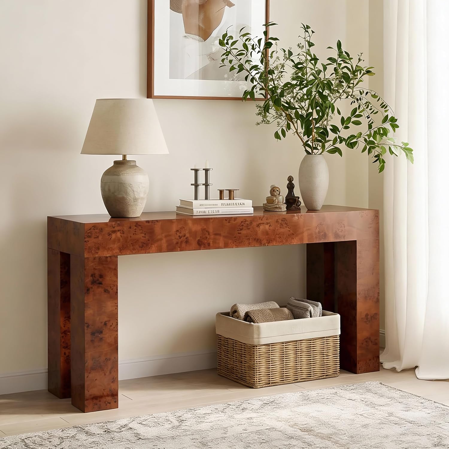 Christopher Knight Home Burla Modern Console Table, Wooden Entryway Table with Block Leg Design, Behind The Couch Long Sofa Table for Living Room, Brown