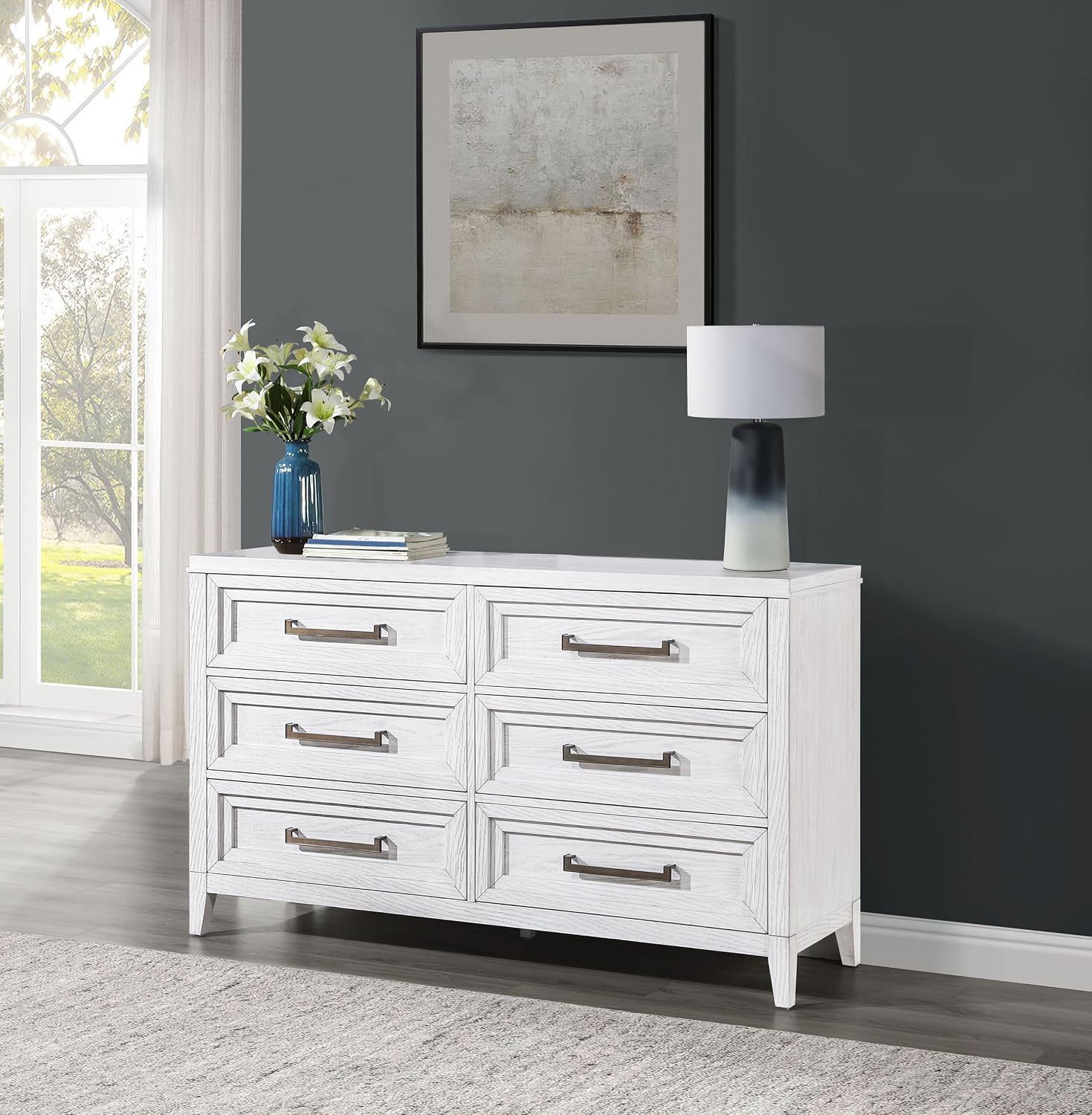 Coaster Home Furnishings - Marielle - Wood - 6-Drawer Bedroom Dresser with Antique Brass Bar Pulls, Rectangular Structure, Stepped Front Design - Bedroom - Distressed White - 224843