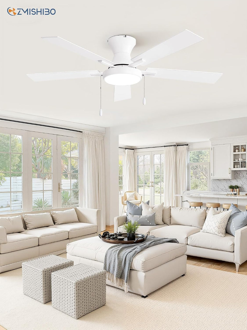ZMISHIBO 52inch Ceiling Fans with Lights, Low Profile Ceiling Fan with Pull Chain and Remote Control, Flush Mount, Reversible, Dimmable, Noiseless, White Pull Cord Ceiling Fan for Bedroom