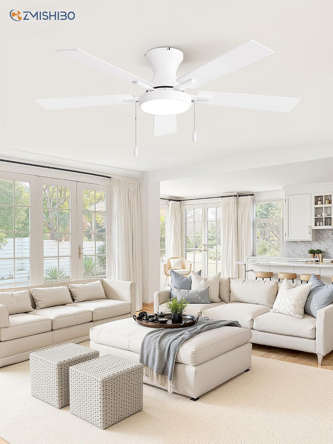 ZMISHIBO 52inch Ceiling Fans with Lights, Low Profile Ceiling Fan with Pull Chain and Remote Control, Flush Mount, Reversible, Dimmable, Noiseless, White Pull Cord Ceiling Fan for Bedroom
