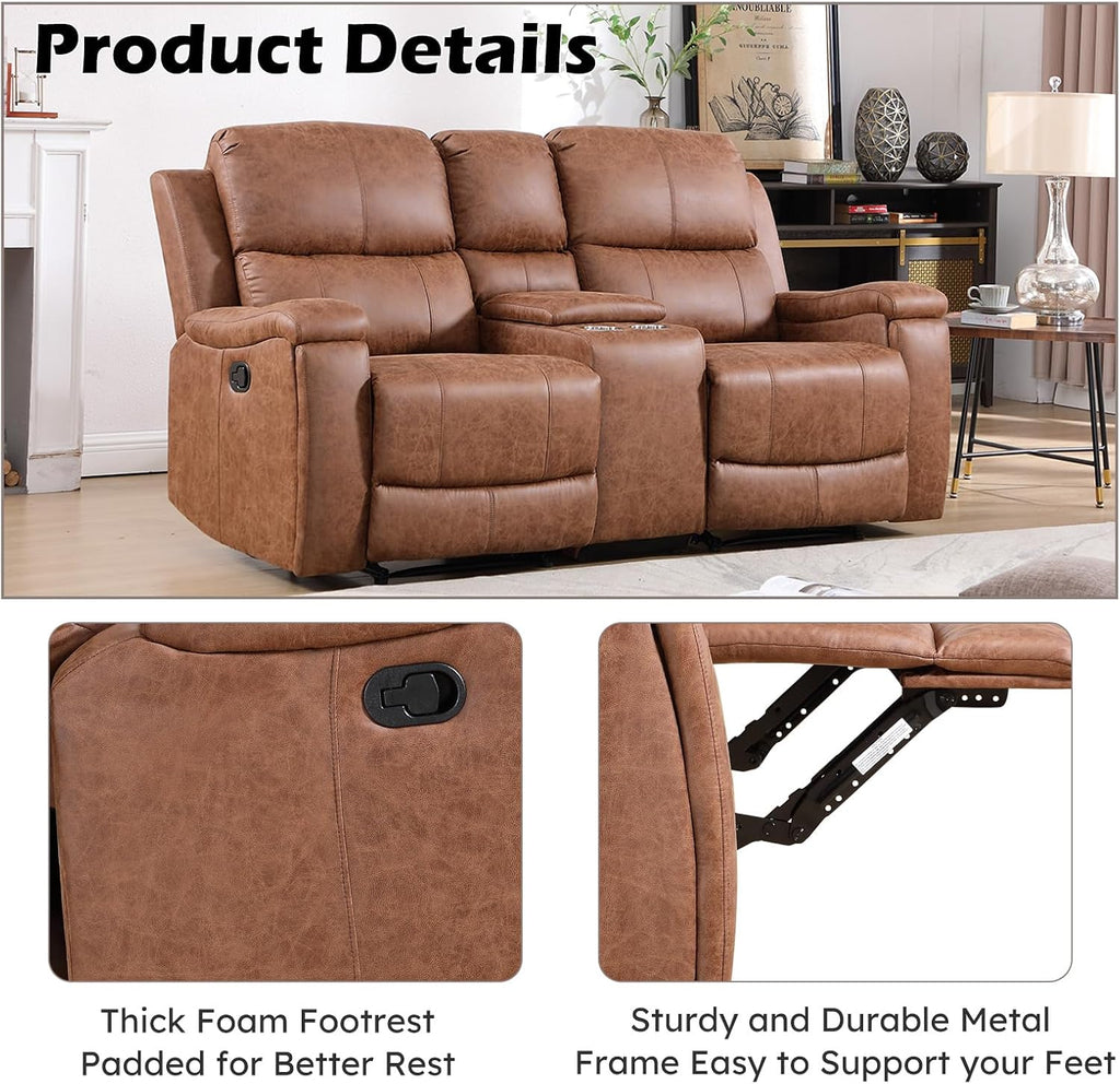 CANMOV Faux Leather Manual Reclining Sofa Set, 2 Manual Single Recliner Chairs and 2 Seat Recliner Loveseat with Center Console, Hidden Storage and Cup Holders for Living Room,Bedroom Furniture,Brown