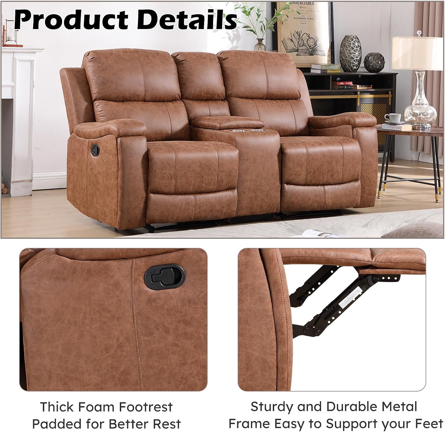 CANMOV Faux Leather Manual Reclining Sofa Set, 2 Manual Single Recliner Chairs and 2 Seat Recliner Loveseat with Center Console, Hidden Storage and Cup Holders for Living Room,Bedroom Furniture,Brown